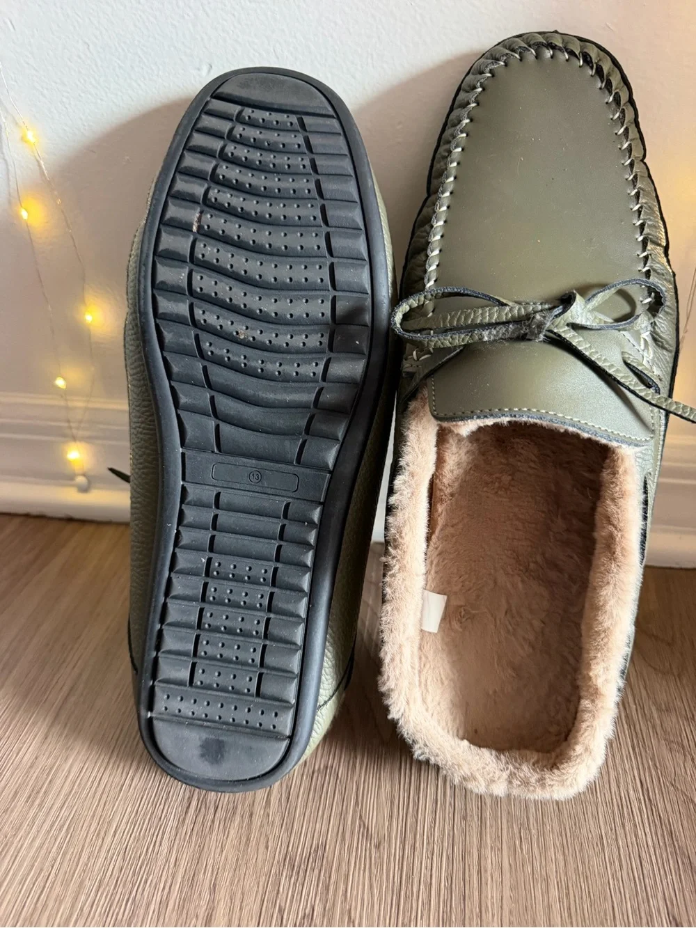 Men's Olive Green Faux-Fur Lined Slip-On Moccasins
